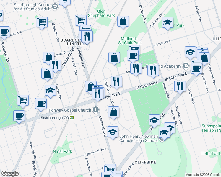 map of restaurants, bars, coffee shops, grocery stores, and more near 59 Olga Street in Toronto