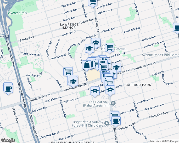 map of restaurants, bars, coffee shops, grocery stores, and more near 528 Lawrence Avenue West in Toronto