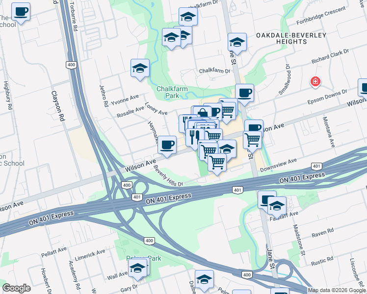 map of restaurants, bars, coffee shops, grocery stores, and more near 1710 Wilson Avenue in Toronto