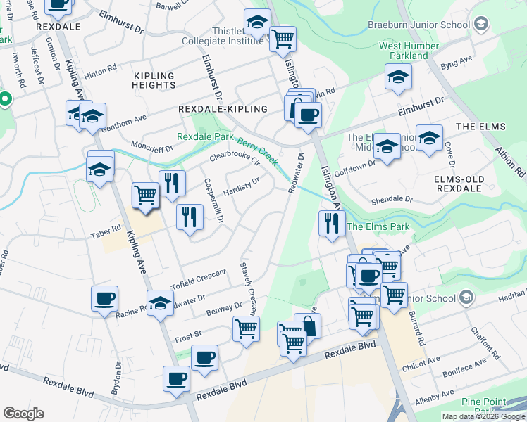 map of restaurants, bars, coffee shops, grocery stores, and more near in Toronto