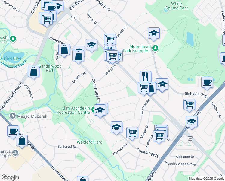 map of restaurants, bars, coffee shops, grocery stores, and more near 32 Fairlight Street in Brampton