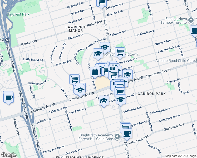 map of restaurants, bars, coffee shops, grocery stores, and more near 528 Lawrence Avenue West in Toronto