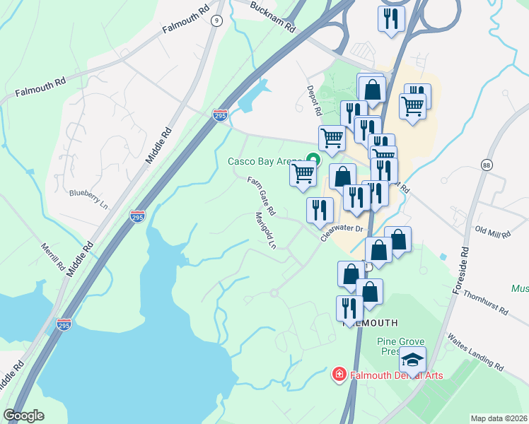 map of restaurants, bars, coffee shops, grocery stores, and more near 28 Farm Gate Road in Falmouth