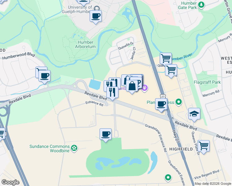 map of restaurants, bars, coffee shops, grocery stores, and more near 910 Queens Plate Drive in Toronto