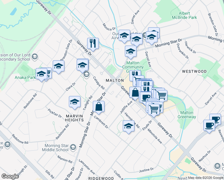map of restaurants, bars, coffee shops, grocery stores, and more near 3420 Morning Star Drive in Mississauga