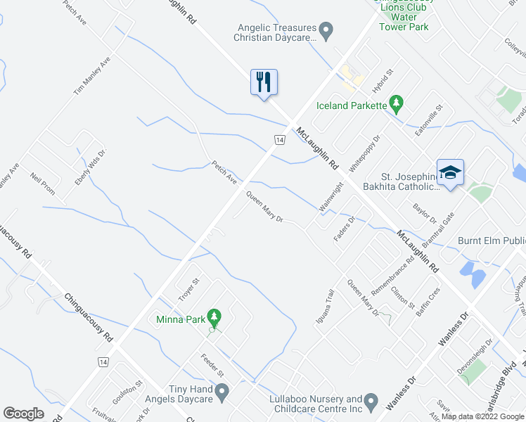 map of restaurants, bars, coffee shops, grocery stores, and more near 602 Queen Mary Drive in Brampton