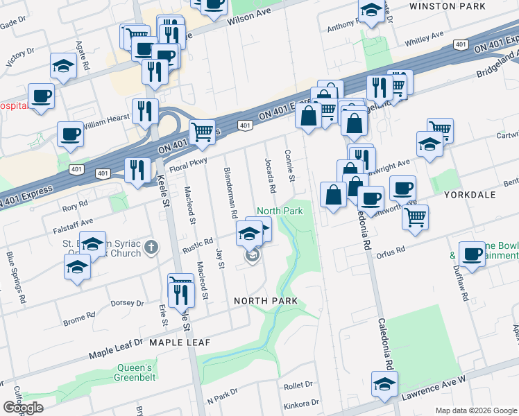 map of restaurants, bars, coffee shops, grocery stores, and more near 171 Cornelius Parkway in Toronto