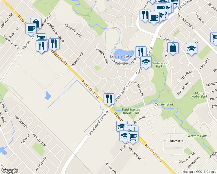 map of restaurants, bars, coffee shops, grocery stores, and more near 102 Tanager Square in Brampton
