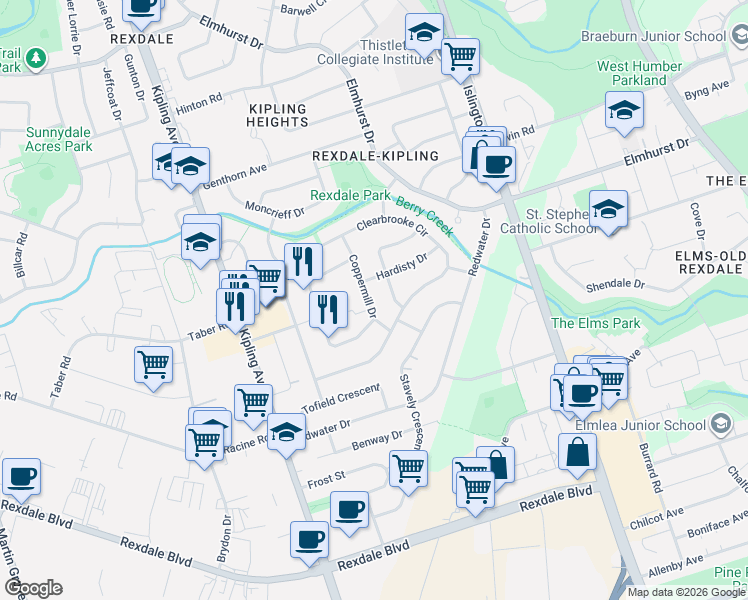 map of restaurants, bars, coffee shops, grocery stores, and more near 11 Coppermill Drive in Toronto