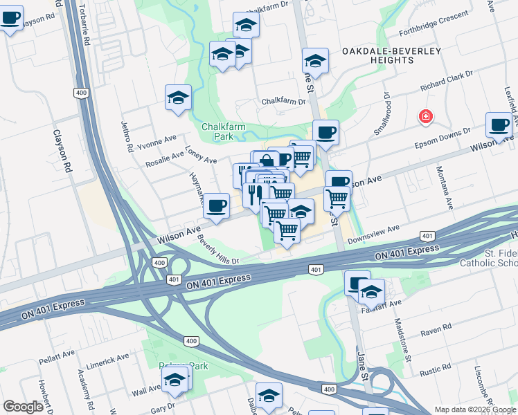 map of restaurants, bars, coffee shops, grocery stores, and more near 1710 Wilson Avenue in Toronto