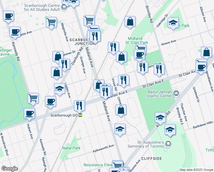 map of restaurants, bars, coffee shops, grocery stores, and more near 13 National Street in Toronto