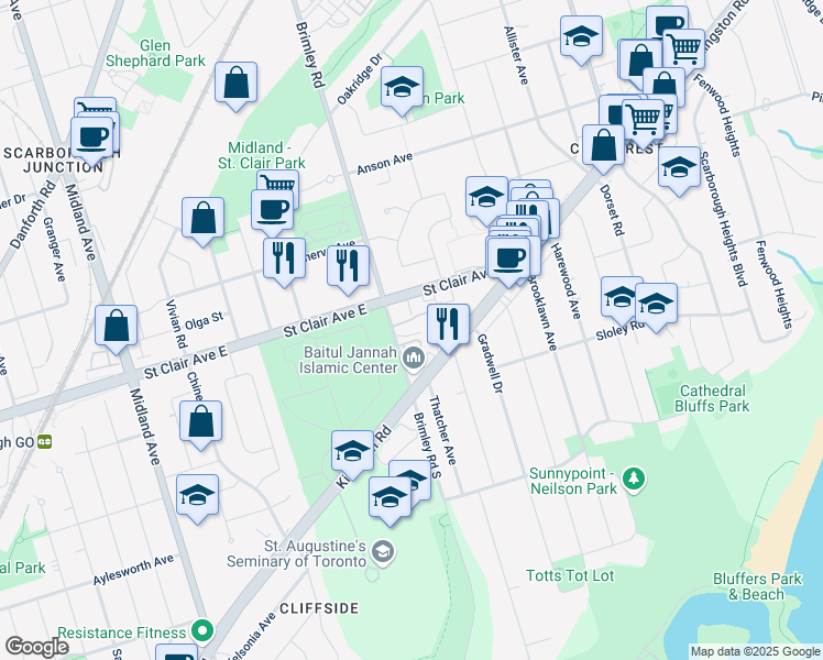 map of restaurants, bars, coffee shops, grocery stores, and more near 3 Brimley Road in Toronto