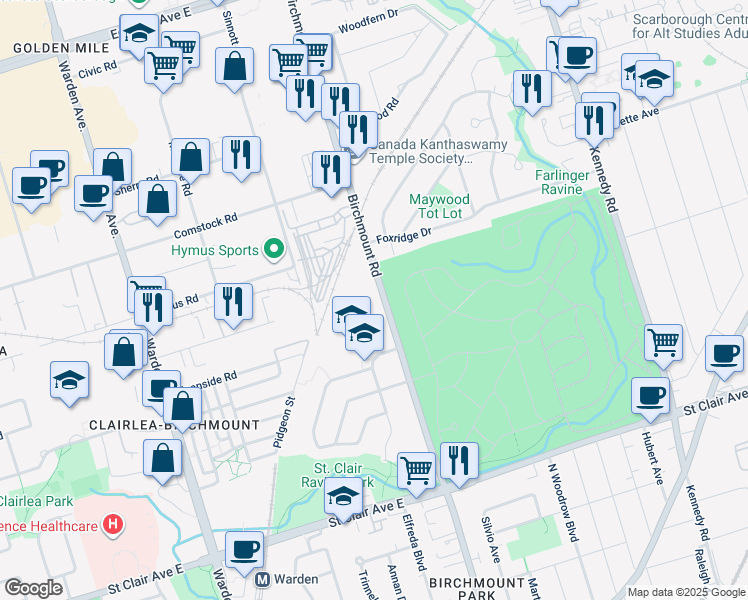 map of restaurants, bars, coffee shops, grocery stores, and more near 672 Birchmount Road in Toronto