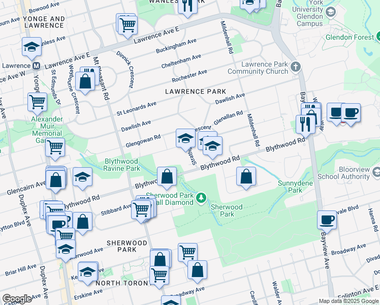 map of restaurants, bars, coffee shops, grocery stores, and more near Strathgowan Crescent in Toronto