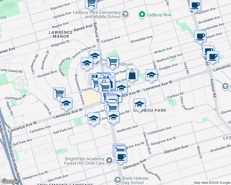 map of restaurants, bars, coffee shops, grocery stores, and more near 527 Glengarry Avenue in Toronto