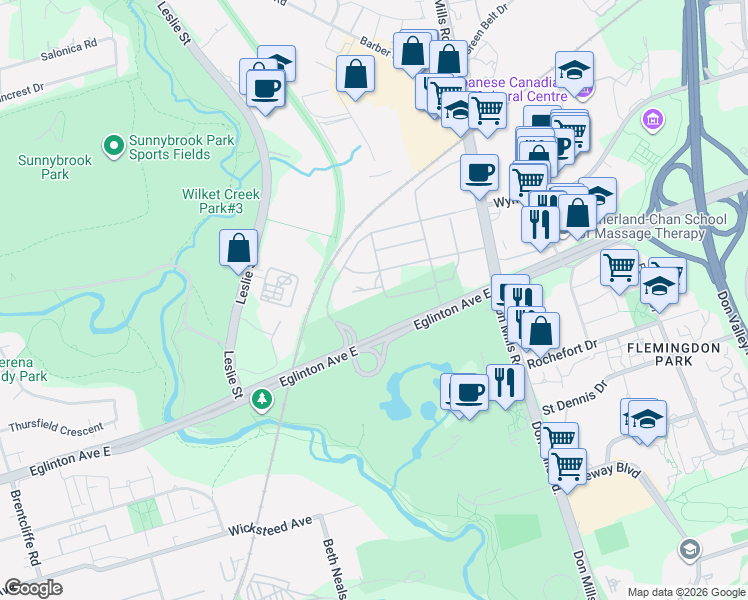 map of restaurants, bars, coffee shops, grocery stores, and more near 5 Quarrington Lane in Toronto