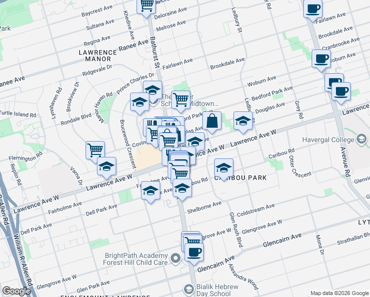 map of restaurants, bars, coffee shops, grocery stores, and more near in Toronto