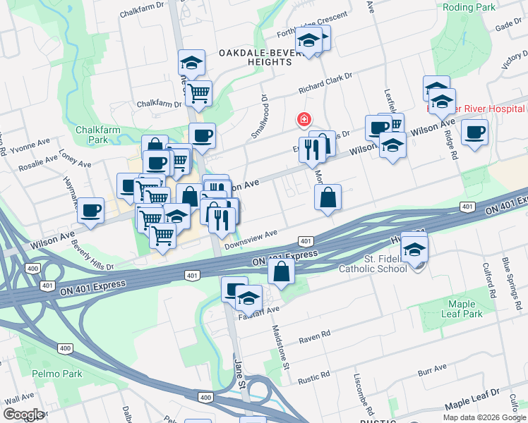 map of restaurants, bars, coffee shops, grocery stores, and more near in Toronto
