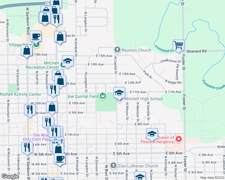 map of restaurants, bars, coffee shops, grocery stores, and more near 615 East 12th Avenue in Mitchell