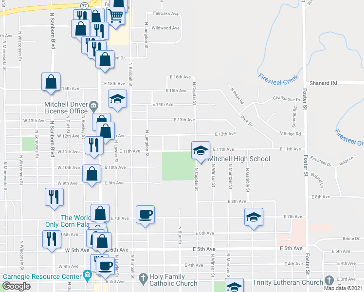 map of restaurants, bars, coffee shops, grocery stores, and more near 1123 North Burr Street in Mitchell