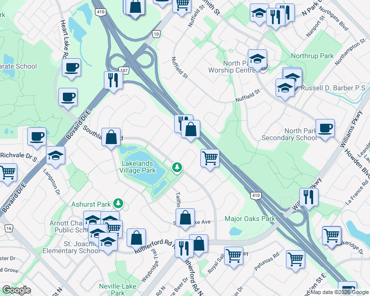 map of restaurants, bars, coffee shops, grocery stores, and more near 36 Silent Pond Crescent in Brampton