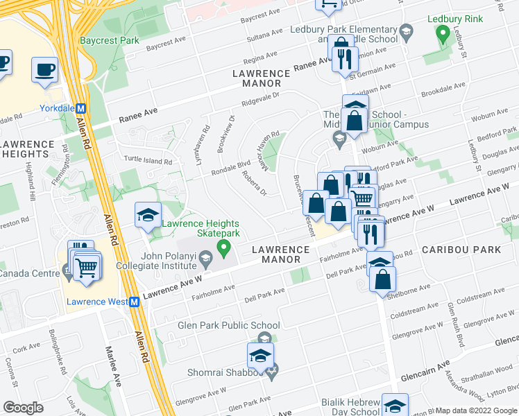map of restaurants, bars, coffee shops, grocery stores, and more near 31 Brookview Drive in Toronto