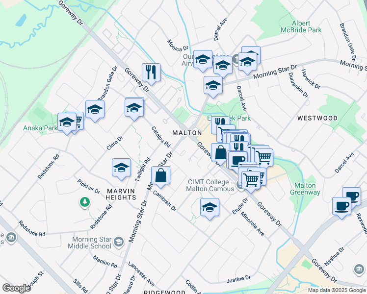 map of restaurants, bars, coffee shops, grocery stores, and more near 3420 Morning Star Drive in Mississauga
