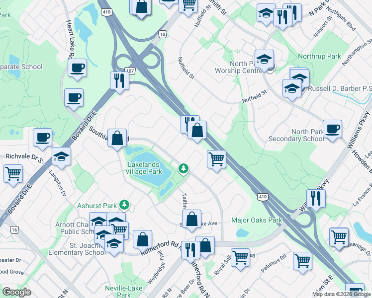 map of restaurants, bars, coffee shops, grocery stores, and more near 131 Seahorse Avenue in Brampton