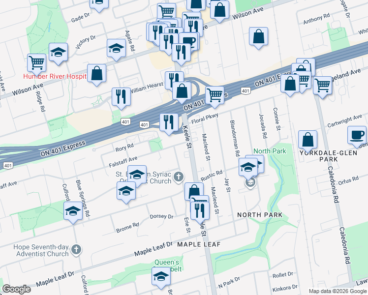 map of restaurants, bars, coffee shops, grocery stores, and more near 331 Falstaff Avenue in Toronto