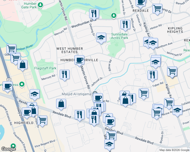 map of restaurants, bars, coffee shops, grocery stores, and more near 6 Heatherglen Road in Toronto