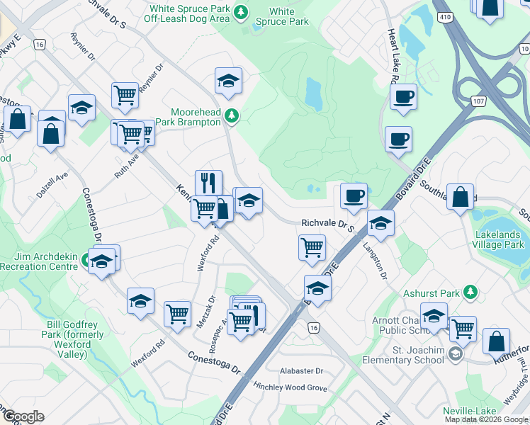 map of restaurants, bars, coffee shops, grocery stores, and more near 180 Richvale Drive South in Brampton