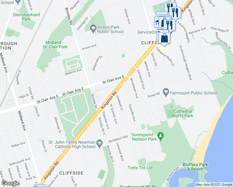 map of restaurants, bars, coffee shops, grocery stores, and more near in Toronto