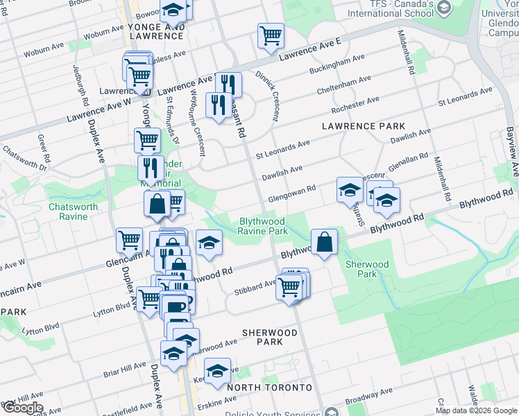 map of restaurants, bars, coffee shops, grocery stores, and more near 33 Glengowan Road in Toronto