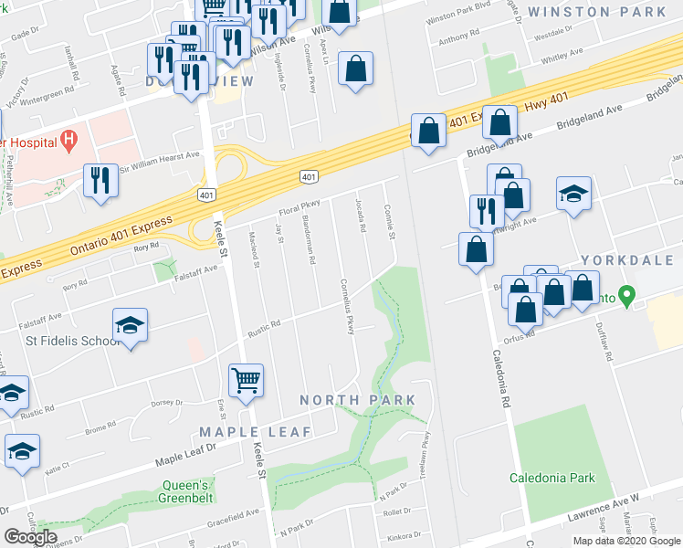 map of restaurants, bars, coffee shops, grocery stores, and more near 174 Cornelius Parkway in Toronto