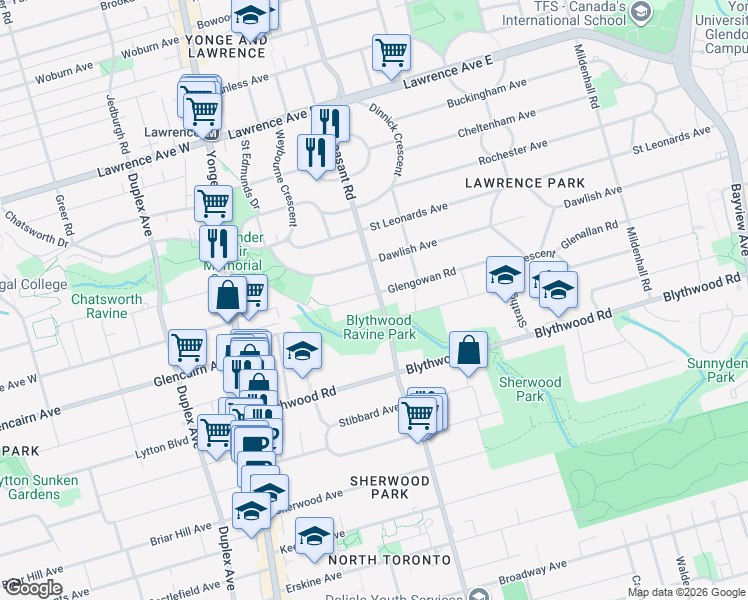 map of restaurants, bars, coffee shops, grocery stores, and more near 33 Glengowan Road in Toronto