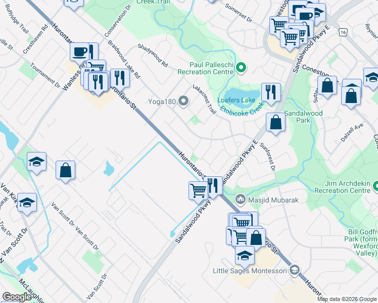 map of restaurants, bars, coffee shops, grocery stores, and more near 32 Trewartha Crescent in Brampton