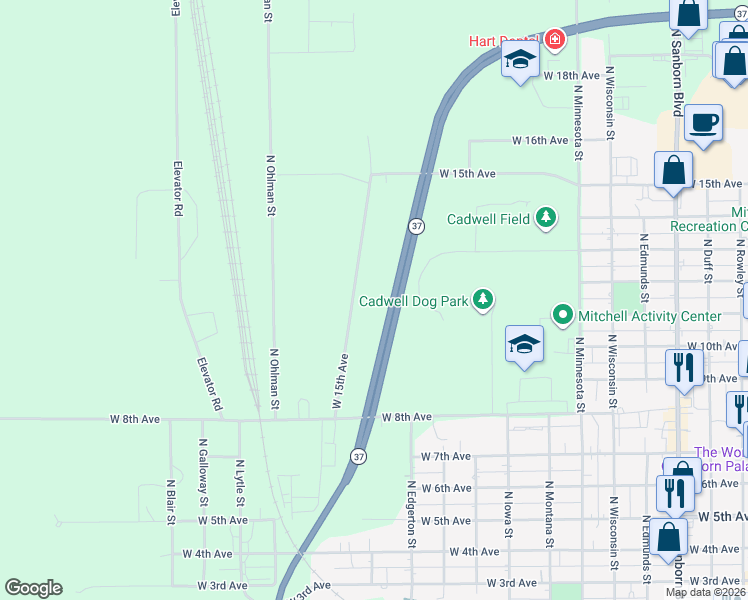 map of restaurants, bars, coffee shops, grocery stores, and more near 1101 Commerce Street in Mitchell