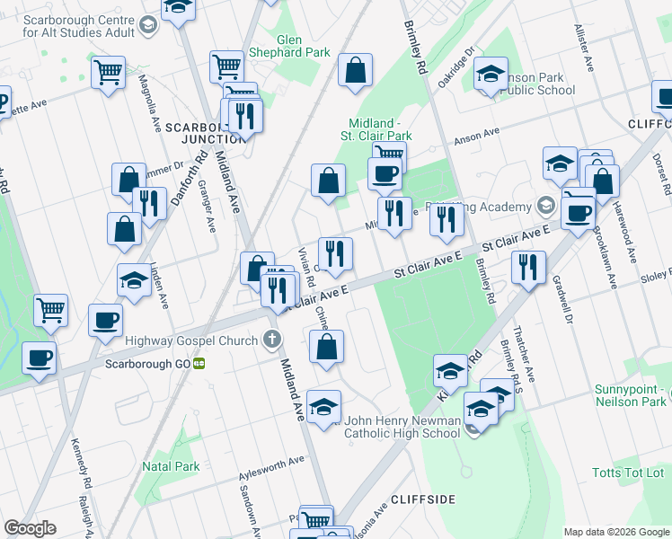 map of restaurants, bars, coffee shops, grocery stores, and more near 79 Olga Street in Toronto