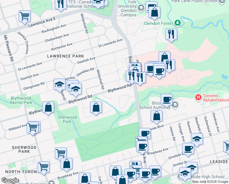 map of restaurants, bars, coffee shops, grocery stores, and more near in Toronto