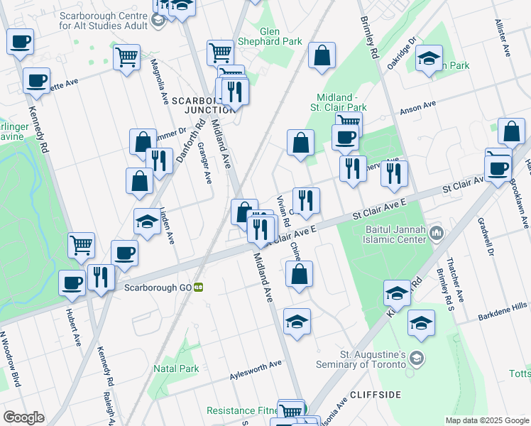 map of restaurants, bars, coffee shops, grocery stores, and more near 17 National Street in Toronto