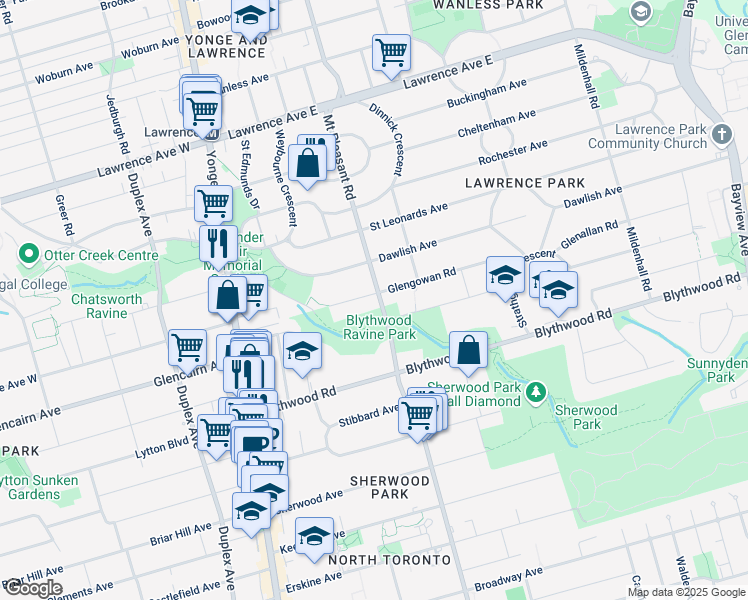 map of restaurants, bars, coffee shops, grocery stores, and more near 33 Glengowan Road in Toronto