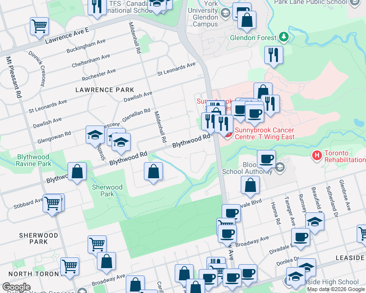 map of restaurants, bars, coffee shops, grocery stores, and more near 537 Blythwood Road in Toronto