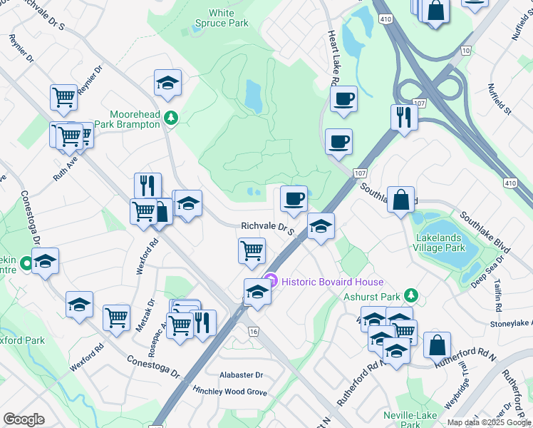 map of restaurants, bars, coffee shops, grocery stores, and more near 19 Fairway Court in Brampton