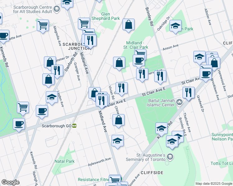 map of restaurants, bars, coffee shops, grocery stores, and more near 64 Olga Street in Toronto