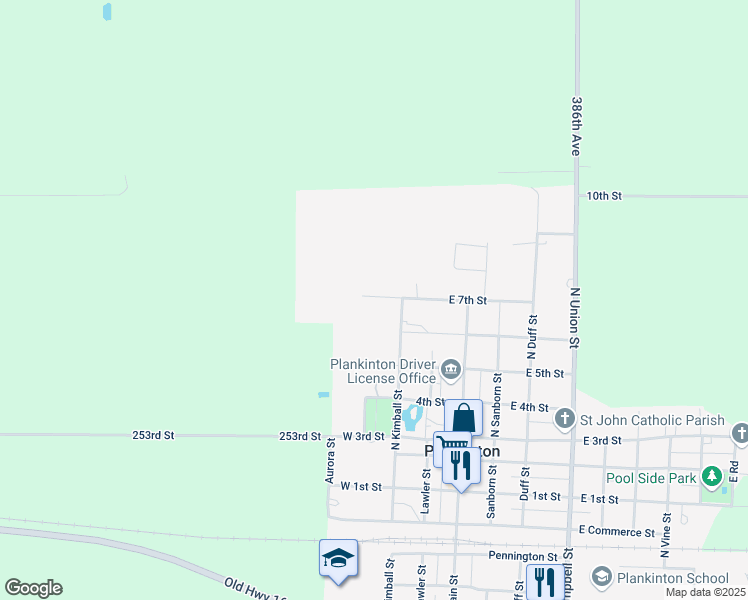 map of restaurants, bars, coffee shops, grocery stores, and more near 201 East 7th Street in Plankinton