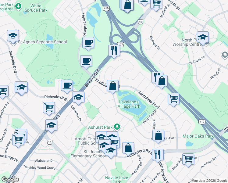 map of restaurants, bars, coffee shops, grocery stores, and more near 9 Stoneylake Avenue in Brampton