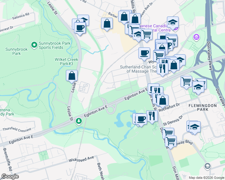 map of restaurants, bars, coffee shops, grocery stores, and more near 5 Quarrington Lane in Toronto