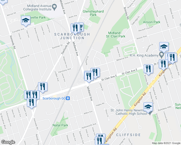 map of restaurants, bars, coffee shops, grocery stores, and more near 19 National Street in Toronto