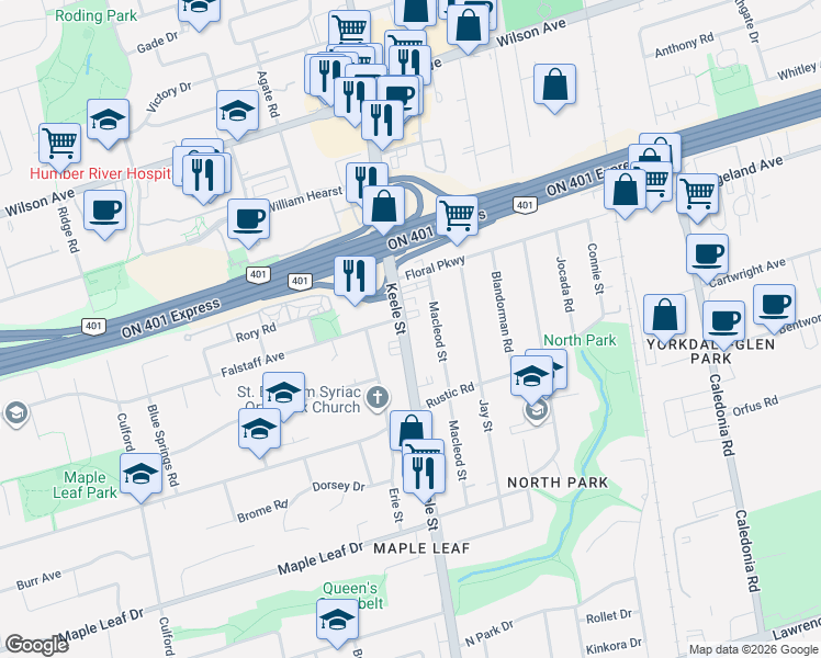 map of restaurants, bars, coffee shops, grocery stores, and more near 2621A Keele Street in Toronto