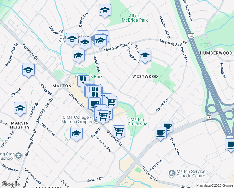 map of restaurants, bars, coffee shops, grocery stores, and more near 7230 Darcel Avenue in Mississauga